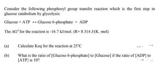 Consider the following phosphoryl group transfer reaction which is the first step in
glucose catabolism by glycolysis:
Glucose + ATP + Glucose 6-phosphate + ADP
The AG for the reaction is -16.7 kJ/mol. (R= 8.314 J/(K. mol)
(a)
Calculate Keq for the reaction at 25°C
(b)
What is the ratio of [Glucose 6-phosphate] to [Glucose] if the ratio of [ADP] to
[ATP] is 10?
