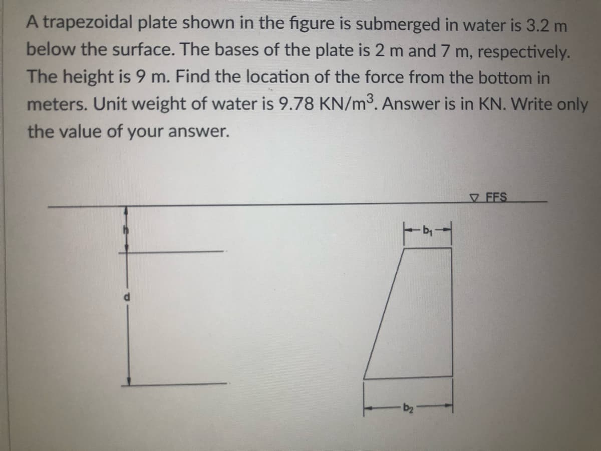 A trapezoidal plate shown in the figure is submerged in water is 3.2 m
below the surface. The bases of the plate is 2 m and 7 m, respectively.
The height is 9 m. Find the location of the force from the bottom in
meters. Unit weight of water is 9.78 KN/m³. Answer is in KN. Write only
the value of your answer.
FFS