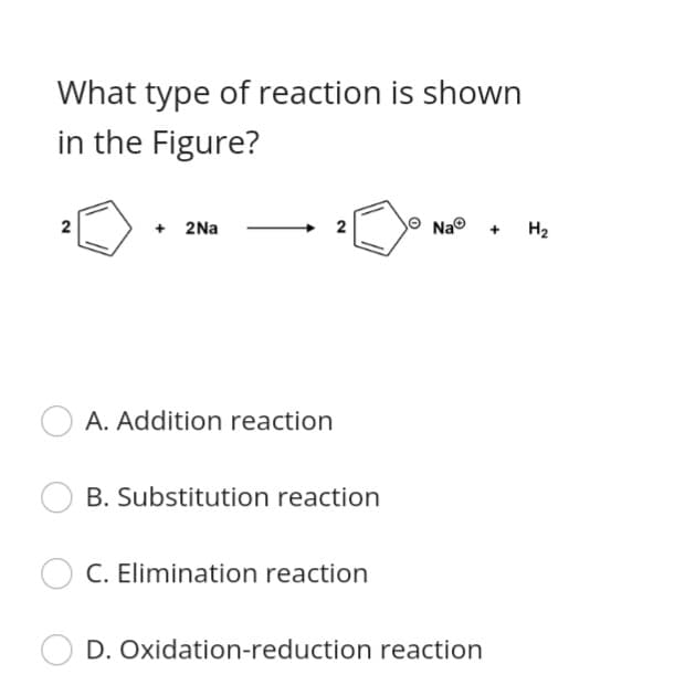 What type of reaction is shown
in the Figure?
+ 2Na
Nao
H2
+
A. Addition reaction
B. Substitution reaction
C. Elimination reaction
D. Oxidation-reduction reaction
2.
2.
