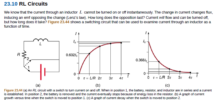 23.10 RL Circuits
We know that the current through an inductor L cannot be turned on or off instantaneously. The change in current changes flux,
inducing an emf opposing the change (Lenz's law). How long does the opposition last? Current will flow and can be turned off,
but how long does it take? Figure 23.44 shows a switching circuit that can be used to examine current through an inductor as a
function of time.
0.6321.
0.3681,
O r= L/R 21
O 1= LR 2
3т
47
Зг
4t
(a)
(b)
(c)
Figure 23.44 (a) An RL circuit with a switch to turn current on and off. When in position 1, the battery, resistor, and inductor are in series and a current
is established. In position 2, the battery is removed and the current eventually stops because of energy loss in the resistor. (b) A graph of current
growth versus time when the switch is moved to position 1. (c) A graph of current decay when the switch is moved to position 2.
