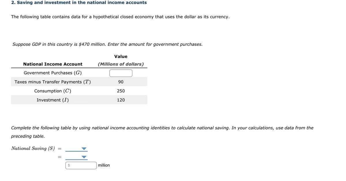 2. Saving and investment in the national income accounts
The following table contains data for a hypothetical closed economy that uses the dollar as its currency.
Suppose GDP in this country is $470 million. Enter the amount for government purchases.
National Income Account
Government Purchases (G)
Taxes minus Transfer Payments (T)
Consumption (C)
Investment (I)
Value
(Millions of dollars)
$
90
250
Complete the following table by using national income accounting identities to calculate national saving. In your calculations, use data from the
preceding table.
National Saving (S)
million
120