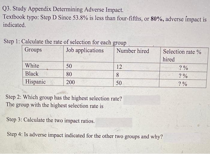 Q3. Study Appendix Determining Adverse Impact.
Textbook typo: Step D Since 53.8% is less than four-fifths, or 80%, adverse ímpact is
indicated.
Step 1: Calculate the rate of selection for each group
Groups
Job applications
Number hired
Selection rate %
hired
White
50
12
?%
Black
80
8.
? %
Hispanic
200
50
? %
Step 2: Which group has the highest selection rate?
The group with the highest selection rate is
Step 3: Calculate the two impact ratios.
Step 4: Is adverse impact indicated for the other two groups and why?
