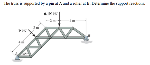The truss is supported by a pin at A and a roller at B. Determine the support reactions.
0.1N kN
-2 m-
- 4 m-
2 m
P kN
4 m
45°
