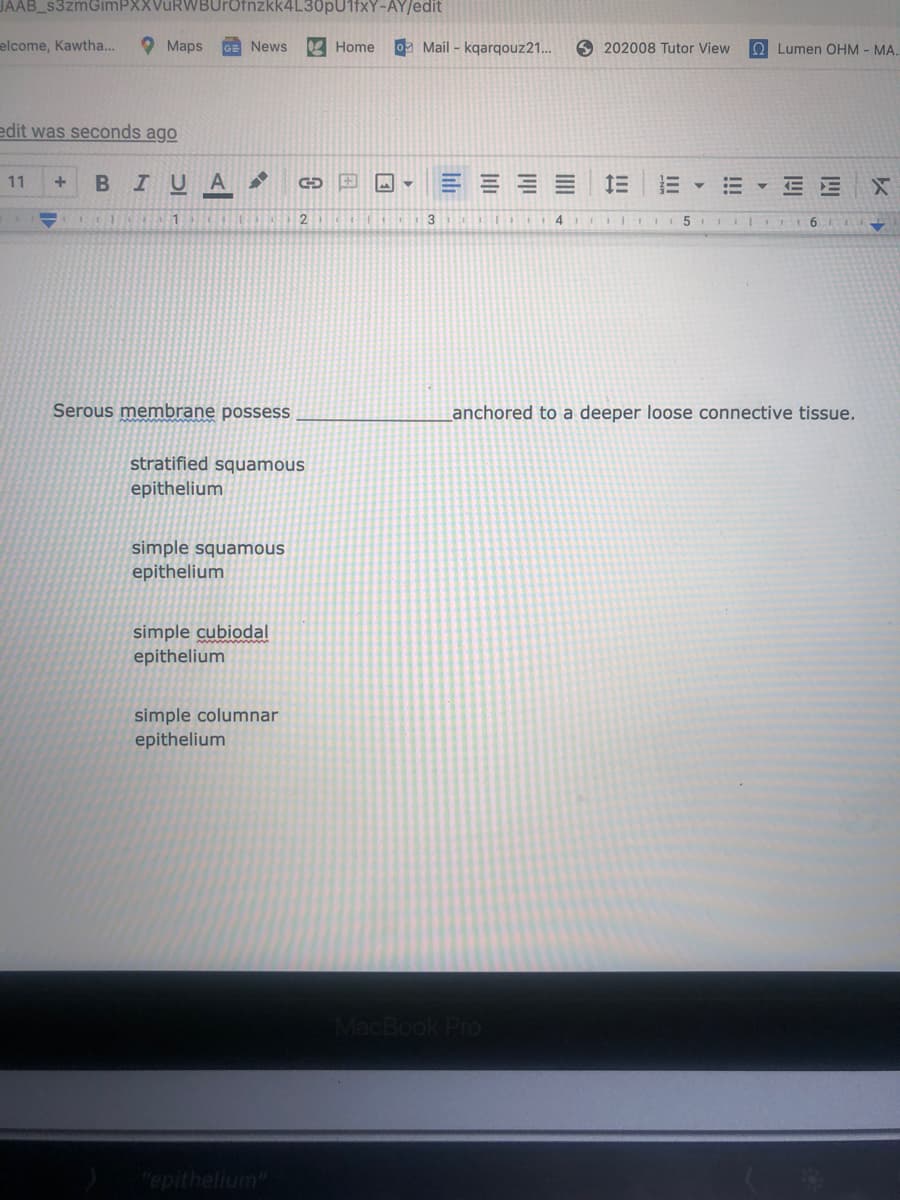 JAAB_s3zmGimPXXVuRWBUrOfnzkk4L30pU1fxY-AY/edit
elcome, Kawtha...
O Maps
GE News
K Home
02 Mail - kqarqouz21...
9 202008 Tutor View
O Lumen OHM - MA.
edit was seconds ago
11
IUA
E E
2
4.
5
6
Serous membrane possess
Lanchored to a deeper loose connective tissue.
stratified squamous
epithelium
simple squamous
epithelium
simple cubiodal
epithelium
simple columnar
epithelium
MacBook Pro
"epithelium"
!!!
