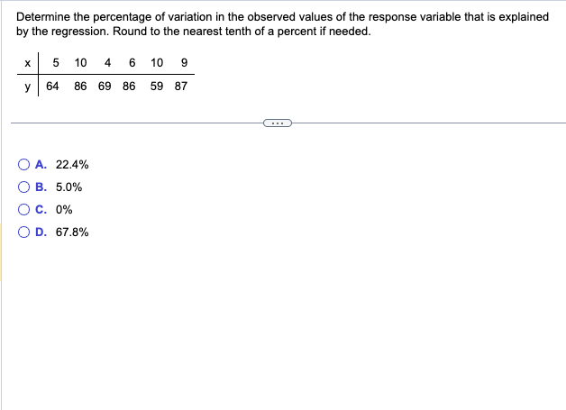 Determine the percentage of variation in the observed values of the response variable that is explained
by the regression. Round to the nearest tenth of a percent if needed.
X
y
5 10 4 6 10 9
64 86 69 86 59 87
O A. 22.4%
B. 5.0%
O C. 0%
O D. 67.8%