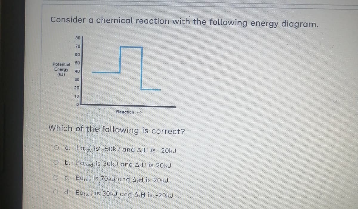 Consider a chemical reaction with the following energy diagram.
80
70
60
50
Potential
Energy 40
(kJ)
30
20
10
10
Reaction -->
Which of the following is correct?
O a. Earey is: -50kJ and AH is -20kJ
Ob. Eafwd is 30kJ and AH is 20kJ
O c. Earey is 70kJ and A,H is 20kJ
O d. Eatwd is 30kJ and A, H is -20kJ