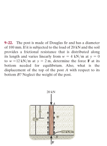 9-22. The post is made of Douglas fir and has a diameter
of 100 mm. If it is subjected to the load of 200 kN and the soil
provides a frictional resistance that is distributed along
its length and varies linearly from w- 4 kN/m at y-0
to w=12 kN/m at y = 2 m, determine the force Fat its
bottom needed for equilibrium. Also, what is the
displacement of the top of the post A with respect to its
bottom 8? Neglect the weight of the post.
20 KN
-12 AN
