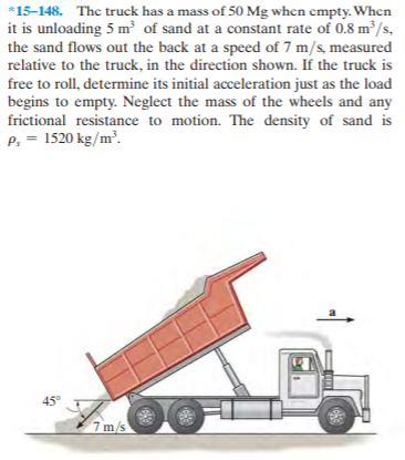 *15-148. The truck has a mass of 50 Mg when empty. When
it is unloading 5 m³ of sand at a constant rate of 0.8 m/s,
the sand flows out the back at a speed of 7 m/s, measured
relative to the truck, in the direction shown. If the truck is
free to roll, determine its initial acceleration just as the load
begins to empty. Neglect the mass of the wheels and any
frictional resistance to motion. The density of sand is
P. = 1520 kg/m'.
45°
7 m/s
