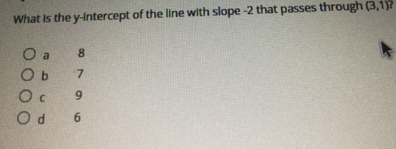 What is the y-intercept of the line with slope -2 that passes through (3,1)?
O a
8.
O c
9.

