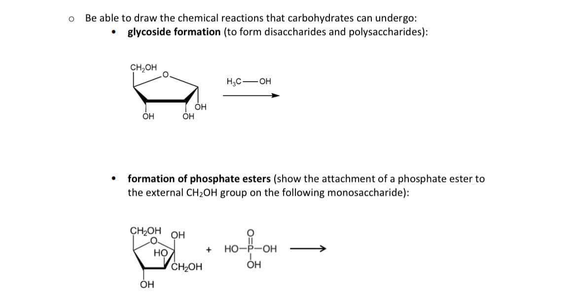 O
Be able to draw the chemical reactions that carbohydrates can undergo:
glycoside formation (to form disaccharides and polysaccharides):
●
●
CH₂OH
OH
OH
CH2OH OH
OH
formation of phosphate esters (show the attachment of a phosphate ester to
the external CH₂OH group on the following monosaccharide):
HO
OH
H₂C OH
CH₂OH
+ HO-P-OH
OH