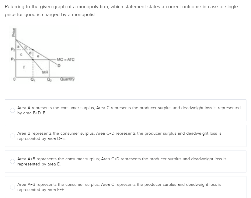 Referring to the given graph of a monopoly firm, which statement states a correct outcome in case of single
price for good is charged by a monopolist:
D
MR
-MC-ATC
D
Quantity
Area A represents the consumer surplus, Area C represents the producer surplus and deadweight loss is represented
by area B+D+E.
Area B represents the consumer surplus, Area C+D represents the producer surplus and deadweight loss is
represented by area D+E.
Area A+B represents the consumer surplus; Area C+D represents the producer surplus and deadweight loss is
represented by area E.
Area A+B represents the consumer surplus; Area C represents the producer surplus and deadweight loss is
represented by area E+F.