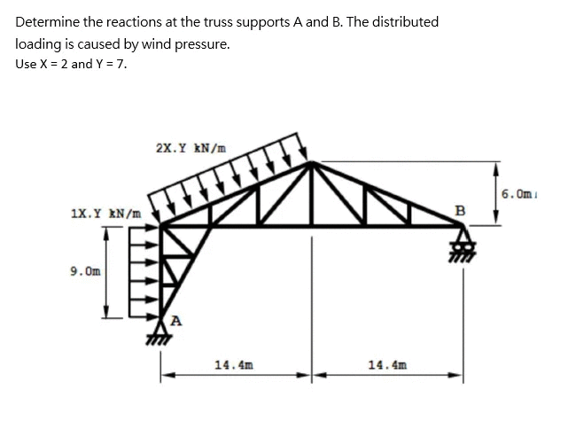 Determine the reactions at the truss supports A and B. The distributed
loading is caused by wind pressure.
Use X = 2 and Y = 7.
2X.Y kN/m
6. Omi
1X.Y EN/m
в
9. Om
14.4m
14.4m
