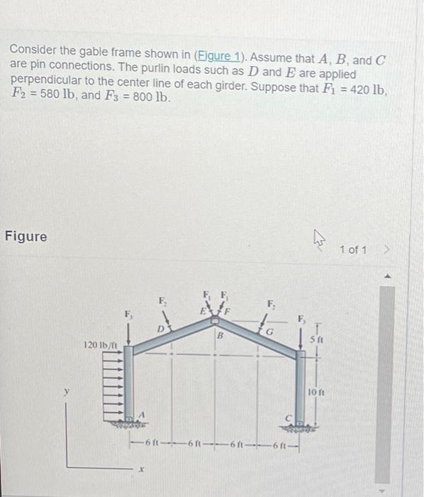Consider the gable frame shown in (Figure 1). Assume that A, B, and C
are pin connections. The purlin loads such as D and E are applied
perpendicular to the center line of each girder. Suppose that F₁ = 420 lb,
F2 = 580 lb, and F3 = 800 lb.
Figure
120 lb/ft
B
G
F₁
5 ft-6 ft--6ft--6 ft-
I
511
10 ft
1 of 1 >
