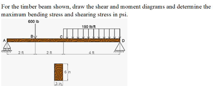 For the timber beam shown, draw the shear and moment diagrams and determine the
maximum bending stress and shearing stress in psi.
600 Ib
150 Ib/t
2 ft
4 ft.
6 in
3 in
