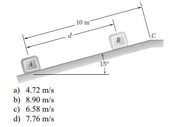 10 m
A
15°
a) 4.72 m/s
b) 8.90 m/s
c) 6.58 m/s
d) 7.76 m/s
