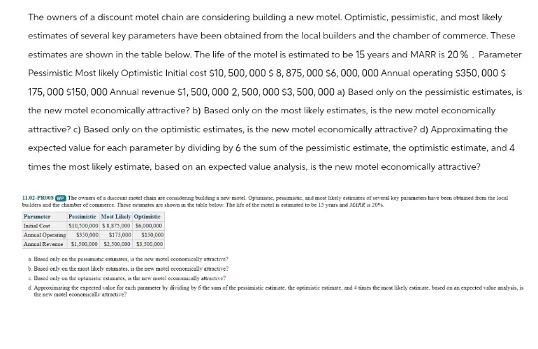 The owners of a discount motel chain are considering building a new motel. Optimistic, pessimistic, and most likely
estimates of several key parameters have been obtained from the local builders and the chamber of commerce. These
estimates are shown in the table below. The life of the motel is estimated to be 15 years and MARR is 20%. Parameter
Pessimistic Most likely Optimistic Initial cost $10,500,000 $8,875, 000 $6,000,000 Annual operating $350,000 $
175,000 $150,000 Annual revenue $1,500,000 2,500,000 $3,500,000 a) Based only on the pessimistic estimates, is
the new motel economically attractive? b) Based only on the most likely estimates, is the new motel economically
attractive? c) Based only on the optimistic estimates, is the new motel economically attractive? d) Approximating the
expected value for each parameter by dividing by 6 the sum of the pessimistic estimate, the optimistic estimate, and 4
times the most likely estimate, based on an expected value analysis, is the new motel economically attractive?
11.02-PR008 WP The owners of a discount motel chain are considering building a new motel. Optimistic, pessimistic, and most likely estimates of several key parameters have been obtained from the local
builders and the chamber of commerce. These estimates are shown in the table below. The life of the motel is estimated to be 15 years and MARR is 20%.
Parameter
Initial Cost
Annual Operating
Pessimistic Most Likely Optimistic
$10,500,000 $8,875,000 $6,000,000
$350,000 $175,000 $150,000
Annual Revenue $1,500,000 $2,500,000 $3,500,000
a. Based only on the pessimistic estimates, is the new motel economically attractive?
b. Based only on the most likely estimates, is the new motel economically attractive?
c. Based only on the optimistic estimates, is the new motel economically attractive?
d. Approximating the expected value for each parameter by dividing by 6 the sum of the pessimistic estimate, the optimistic estimate, and 4 times the most likely estimate, based on an expected value analysis, is
the new motel economically attractive?