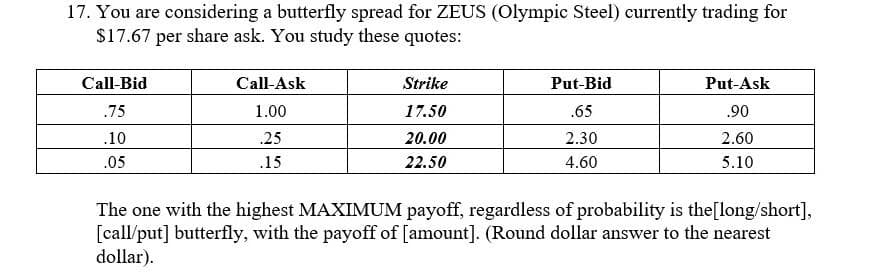 17. You are considering a butterfly spread for ZEUS (Olympic Steel) currently trading for
$17.67 per share ask. You study these quotes:
Call-Bid
.75
.10
.05
Call-Ask
1.00
.25
.15
Strike
17.50
20.00
22.50
Put-Bid
.65
2.30
4.60
Put-Ask
.90
2.60
5.10
The one with the highest MAXIMUM payoff, regardless of probability is the [long/short],
[call/put] butterfly, with the payoff of [amount]. (Round dollar answer to the nearest
dollar).