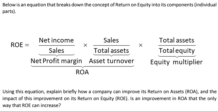 Below is an equation that breaks down the concept of Return on Equity into its components (individual
parts).
ROE =
Net income
Sales
Net Profit margin
Sales
Total assets
Asset turnover
ROA
X
Total assets
Total equity
Equity multiplier
Using this equation, explain briefly how a company can improve its Return on Assets (ROA), and the
impact of this improvement on its Return on Equity (ROE). Is an improvement in ROA that the only
way that ROE can increase?