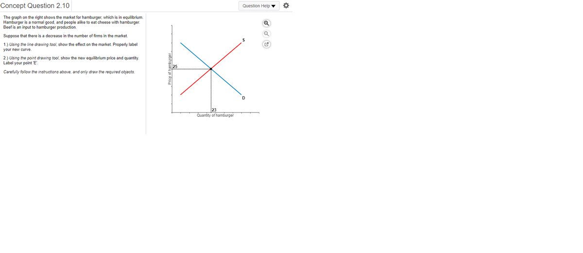 Concept Question 2.10
Question Help
The graph on the right shows the market for hamburger, which is in equilibrium.
Hamburger is a normal good, and people alike to eat cheese with hamburger.
Beef is an input to hamburger production.
Suppose that there is a decrease in the number of firms in the market.
1.) Using the line drawing tool, show the effect on the market. Properly label
your new curve
2.) Using the point drawing tool, show the new equilibrium price and quantity.
Label your point 'E'.
Carefully follow the instructions above, and only draw the required objects.
D
23
Quantity of hamburger

