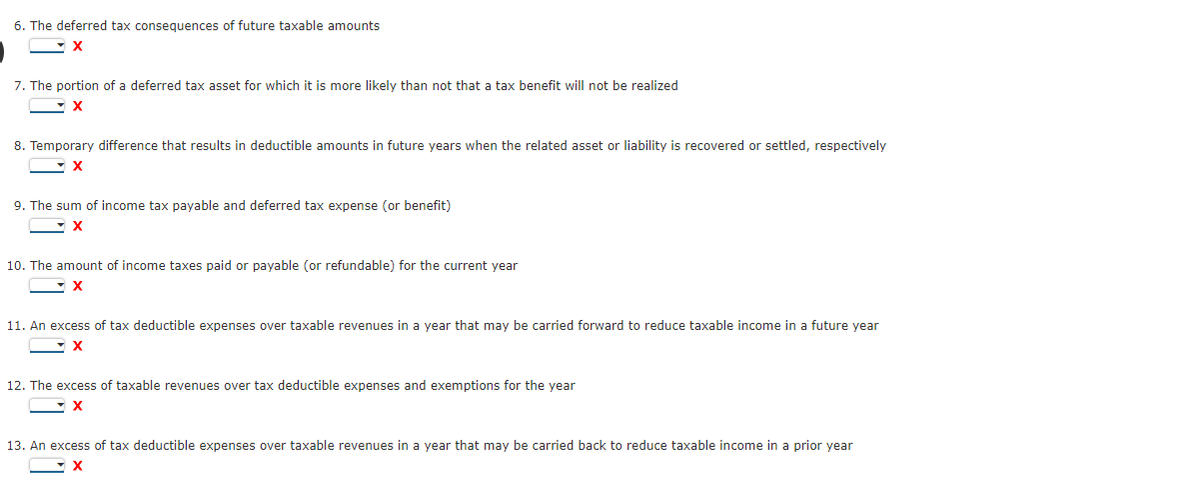 6. The deferred tax consequences of future taxable amounts
7. The portion of a deferred tax asset for which it is more likely than not that a tax benefit will not be realized
X
8. Temporary difference that results in deductible amounts in future years when the related asset or liability is recovered or settled, respectively
9. The sum of income tax payable and deferred tax expense (or benefit)
10. The amount of income taxes paid or payable (or refundable) for the current year
11. An excess of tax deductible expenses over taxable revenues in a year that may be carried forward to reduce taxable income in a future year
12. The excess of taxable revenues over tax deductible expenses and exemptions for the year
13. An excess of tax deductible expenses over taxable revenues in a year that may be carried back to reduce taxable income in a prior year
X

