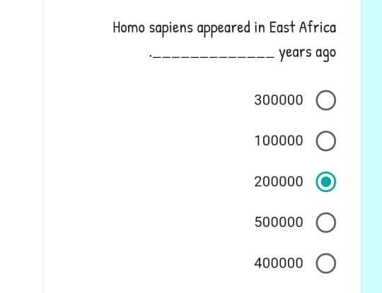 Homo sapiens appeared in East Africa
years ago
300000 O
100000 O
200000
500000 O
400000 O
