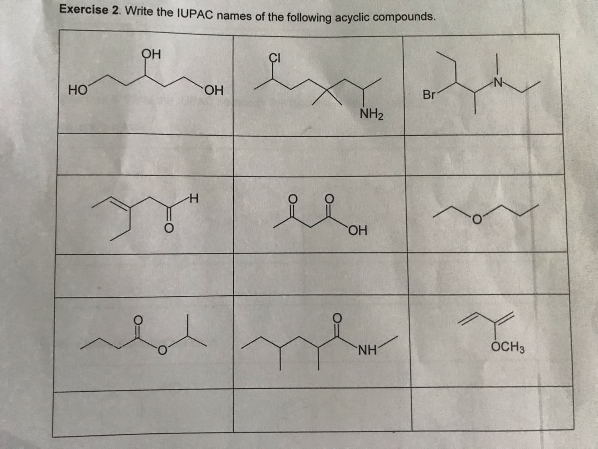 Exercise 2. Write the IUPAC names of the following acyclic compounds.
CI
HO
HO.
Br
NH2
HO,
NH
ÓCH3
