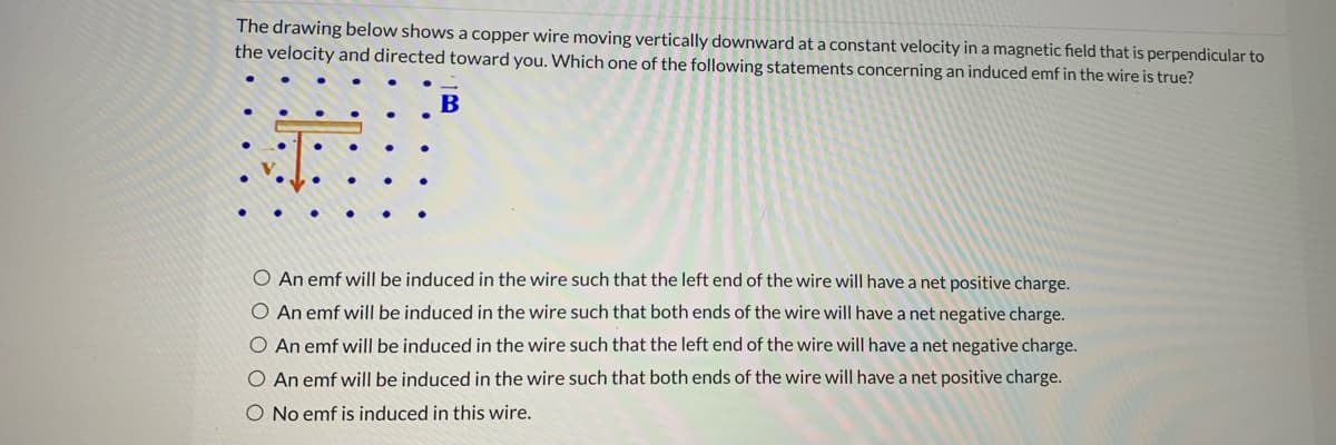 The drawing below shows a copper wire moving vertically downward at a constant velocity in a magnetic field that is perpendicular to
the velocity and directed toward you. Which one of the following statements concerning an induced emf in the wire is true?
B
O An emf will be induced in the wire such that the left end of the wire will have a net positive charge.
O An emf will be induced in the wire such that both ends of the wire will have a net negative charge.
O An emf will be induced in the wire such that the left end of the wire will have a net negative charge.
O An emf will be induced in the wire such that both ends of the wire will have a net positive charge.
O No emf is induced in this wire.
