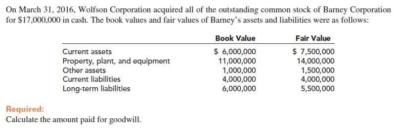 On March 31, 2016, Wolfson Corporation acquired all of the outstanding common stock of Barney Corporation
for $17,000,000 in cash. The book values and fair values of Barney's assets and liabilities were as follows:
Fair Value
Book Value
$ 6,000,000
$ 7,500,000
Current assets
Property, plant, and equipment
Other assets
Current liabilities
11,000,000
1,000,000
4,000,000
6,000,000
14,000,000
1,500,000
4,000,000
5,500,000
Long-term liabilities
Required:
Calculate the amount paid for goodwill.
