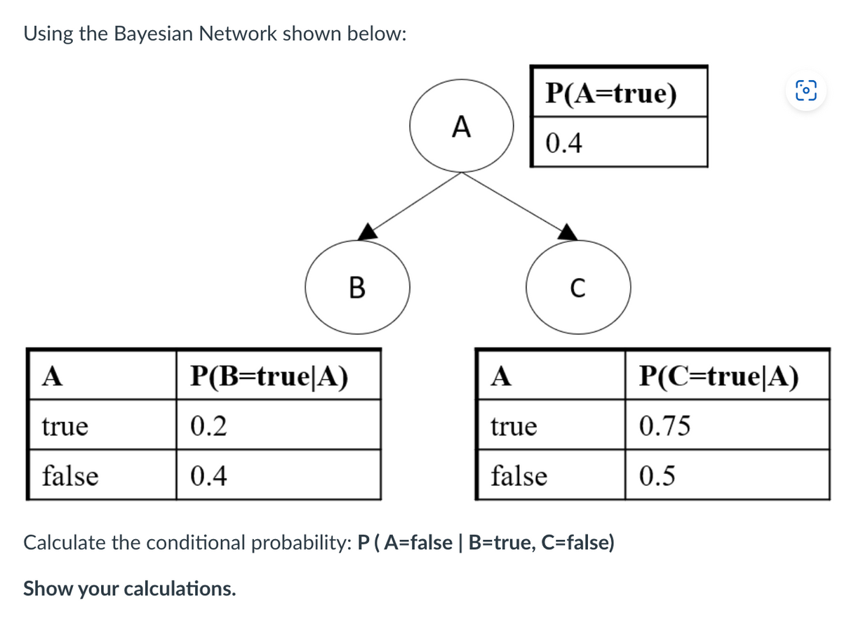 Using the Bayesian Network shown below:
P(B=true|A)
A
true
0.2
false
0.4
B
P(A=true)
A
0.4
C
A
P(C=true|A)
true
0.75
false
0.5
Calculate the conditional probability: P (A=false | B=true, C=false)
Show your calculations.
8