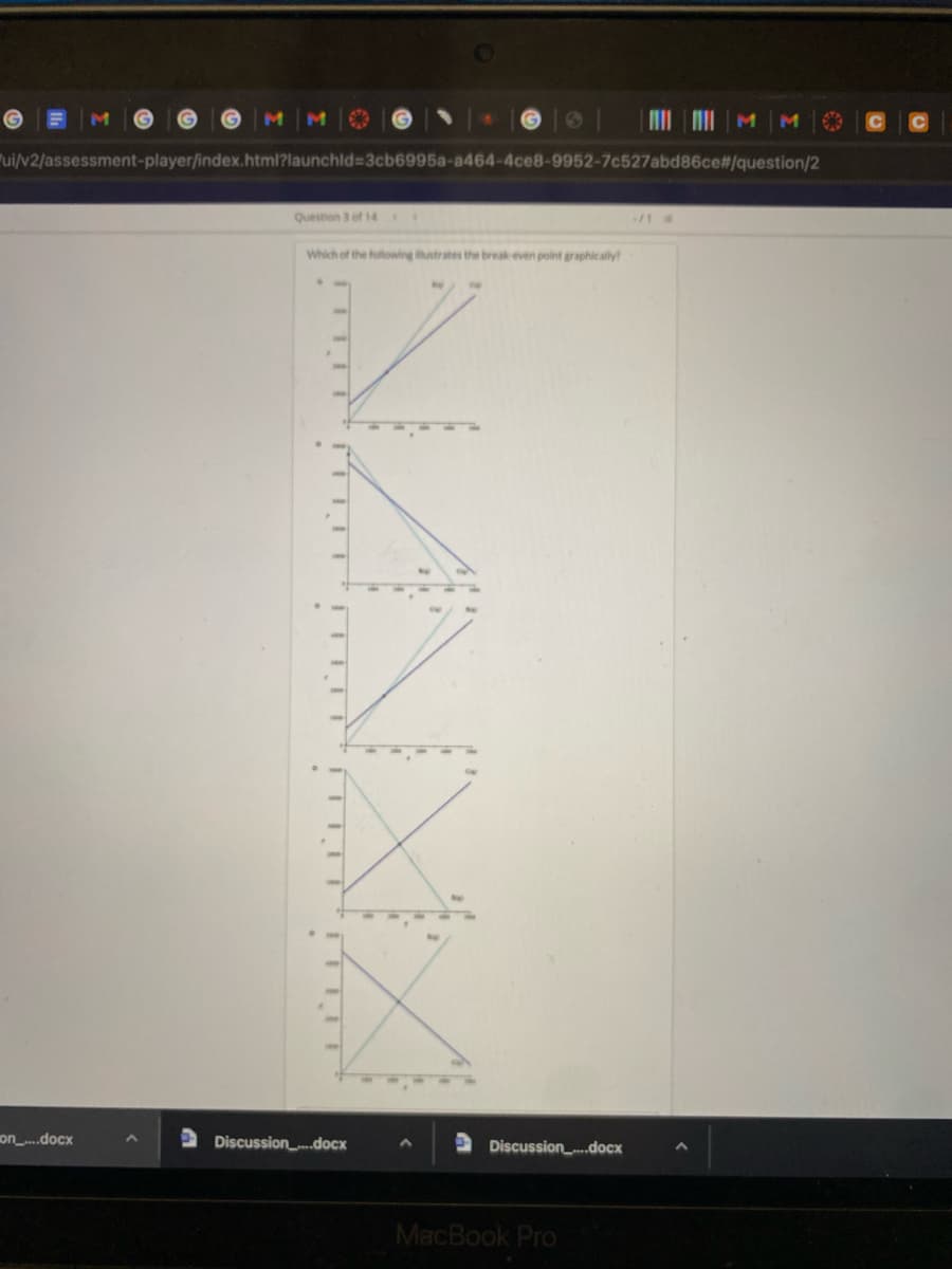 ui/v2/assessment-player/index.html?launchld%33cb6995a-a464-4ce8-9952-7c527abd86ce#/question/2
Question 3of 14
Which of the following ustrates the break-even point graphically
on_.docx
2 Discussion_-.docx
Discussion_..docx
MacBook Pro
