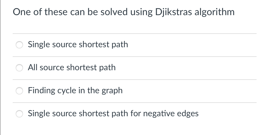 One of these can be solved using Djikstras algorithm
Single source shortest path
All source shortest path
Finding cycle in the graph
Single source shortest path for negative edges