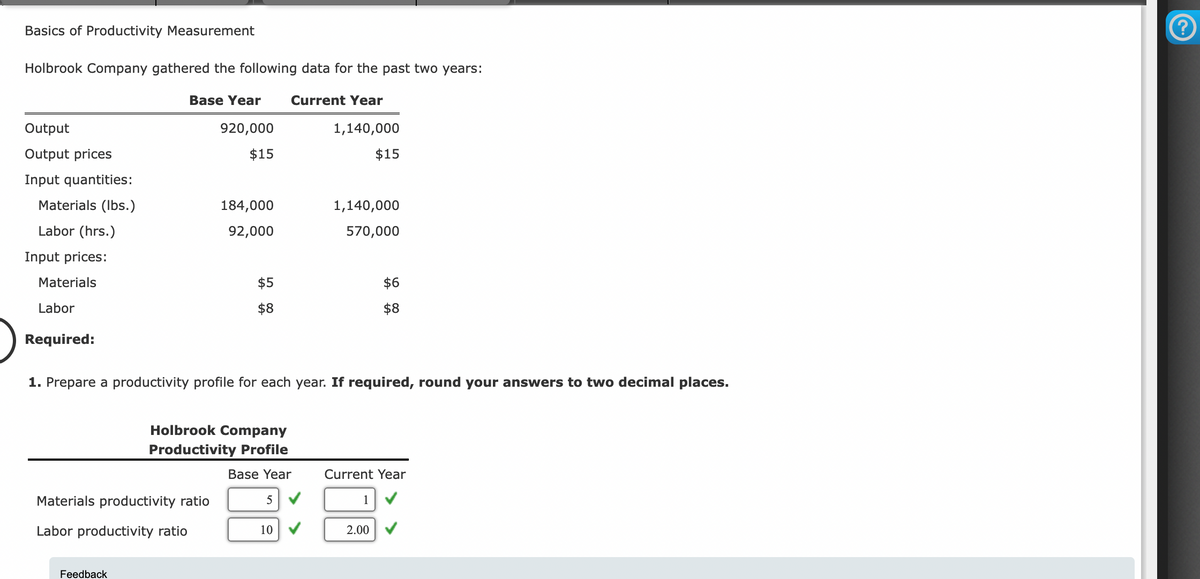 Basics of Productivity Measurement
Holbrook Company gathered the following data for the past two years:
Base Year Current Year
1,140,000
920,000
$15
Output
Output prices
Input quantities:
Materials (lbs.)
Labor (hrs.)
Input prices:
Materials
Labor
Required:
184,000
92,000
Materials productivity ratio
Labor productivity ratio
Feedback
$5
$8
Holbrook Company
Productivity Profile
Base Year
1. Prepare a productivity profile for each year. If required, round your answers to two decimal places.
5
10
1,140,000
570,000
$15
1
$6
$8
Current Year
2.00