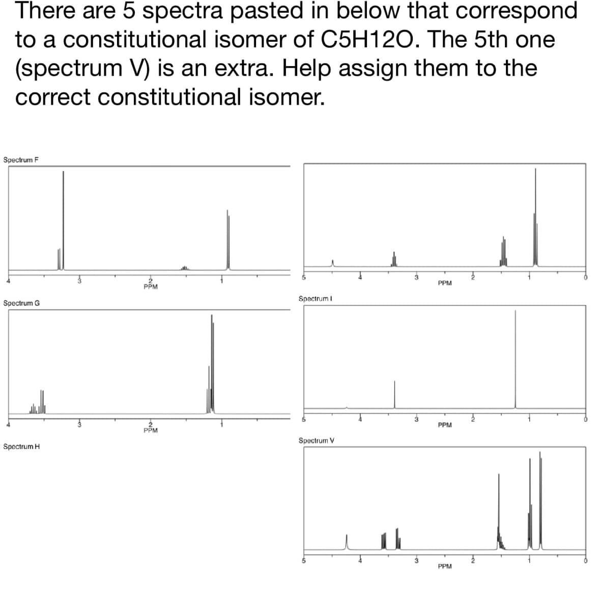 There are 5 spectra pasted in below that correspond
to a constitutional isomer of C5H12O. The 5th one
(spectrum V) is an extra. Help assign them to the
correct constitutional
isomer.
Spectrum F
Spectrum G
Spectrum Hi
PPM
PPM
Spectrum I
Spectrum V
3
3
3
PPM
PPM
PPM