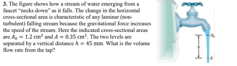 3. The figure shows how a stream of water emerging from a
faucet "necks down" as it falls. The change in the horizontal
cross-sectional area is characteristic of any laminar (non-
turbulent) falling stream because the gravitational force increases
the speed of the stream. Here the indicated cross-sectional areas
are A₁ = 1.2 cm² and A = 0.35 cm². The two levels are
separated by a vertical distance h = 45 mm. What is the volume
flow rate from the tap?
Ao