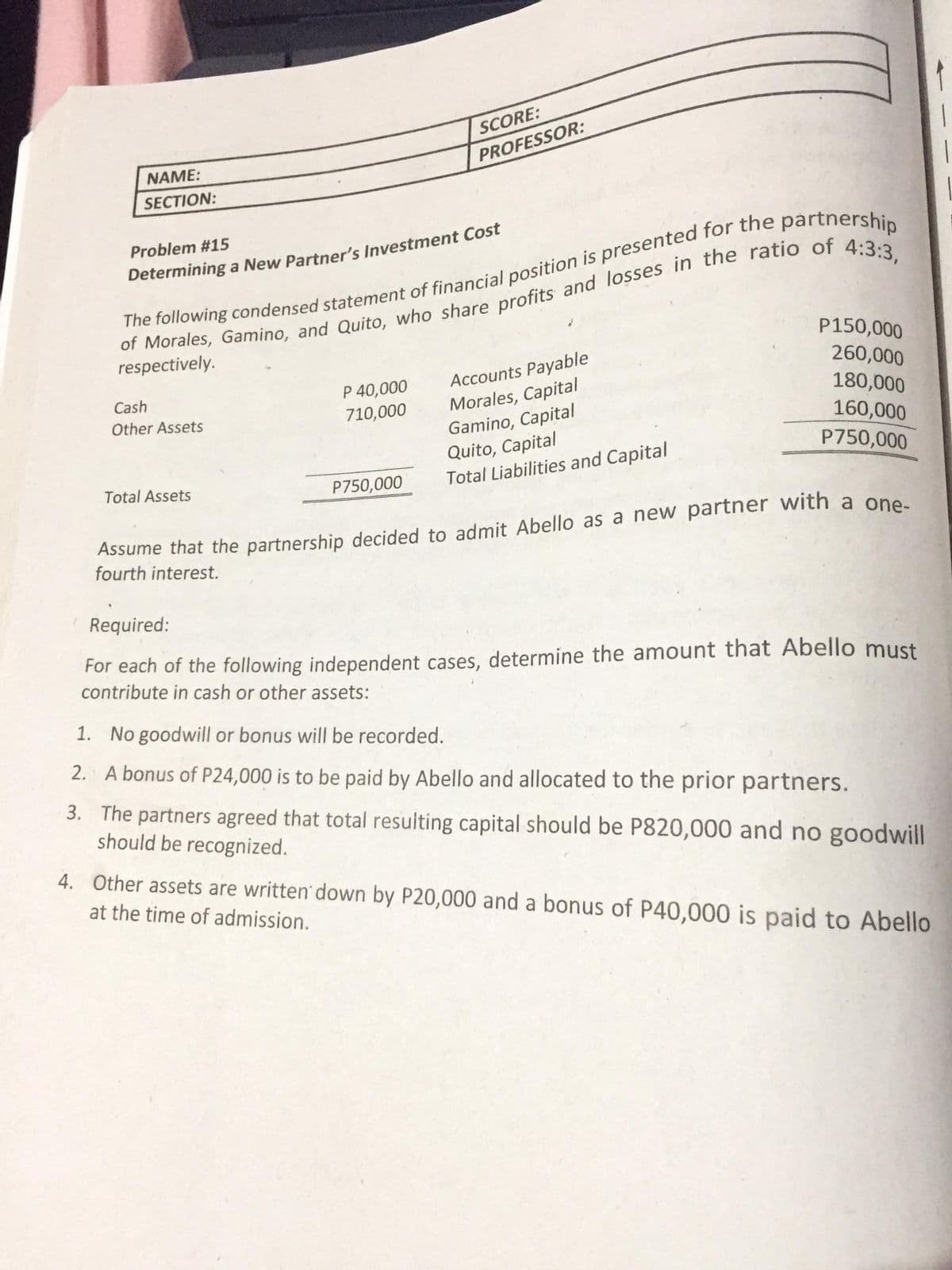 SCORE:
NAME:
PROFESSOR:
SECTION:
Problem #15
Determining a New Partner's Investment Cost
respectively.
P150,000
Accounts Payable
Morales, Capital
Gamino, Capital
Quito, Capital
Total Liabilities and Capital
260,000
P 40,000
710,000
Cash
180,000
Other Assets
160,000
P750,000
Total Assets
P750,000
Assume that the partnership decided to admit Abello as a new partner with a one.
fourth interest.
Required:
For each of the following independent cases, determine the amount that Abello must
contribute in cash or other assets:
1. No goodwill or bonus will be recorded.
2. A bonus of P24,000 is to be paid by Abello and allocated to the prior partners.
3. The partners agreed that total resulting capital should be P820,000 and no goodwill
should be recognized.
4. Other assets are written down by P20,000 and a bonus of P40,000 is paid to Abello
at the time of admission.
