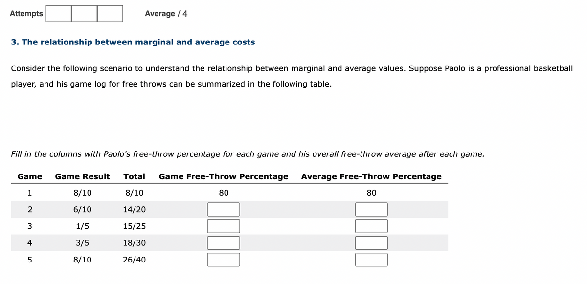 Attempts
3. The relationship between marginal and average costs
Consider the following scenario to understand the relationship between marginal and average values. Suppose Paolo is a professional basketball
player, and his game log for free throws can be summarized in the following table.
Fill in the columns with Paolo's free-throw percentage for each game and his overall free-throw average after each game.
Game
1
2
3
Average / 4
4
LO
5
Game Result
Total Game Free-Throw Percentage Average Free-Throw Percentage
8/10
8/10
80
6/10
14/20
T
1/5
15/25
3/5
18/30
8/10
26/40
80