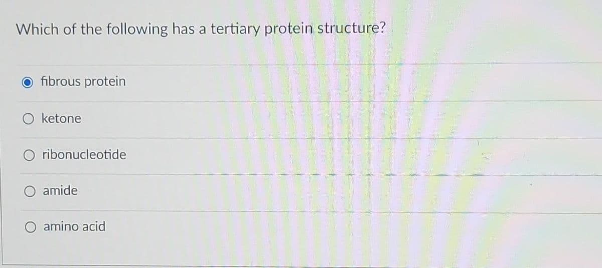 Which of the following has a tertiary protein structure?
fibrous protein
O ketone
O ribonucleotide
amide
O amino acid