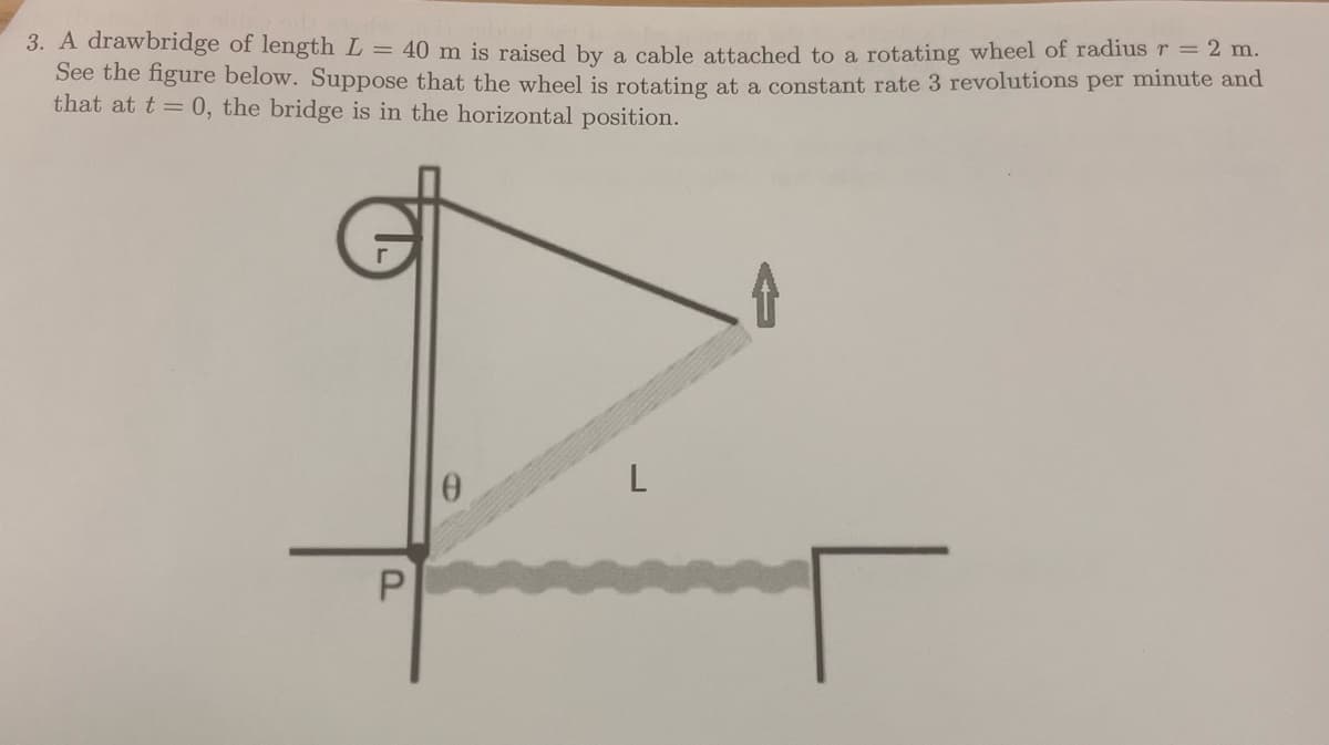 3. A drawbridge of length L = 40 m is raised by a cable attached to a rotating wheel of radius r = 2 m.
See the figure below. Suppose that the wheel is rotating at a constant rate 3 revolutions per minute and
that at t = 0, the bridge is in the horizontal position.
0
L