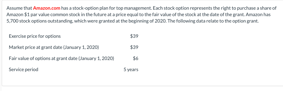 Assume that Amazon.com has a stock-option plan for top management. Each stock option represents the right to purchase a share of
Amazon $1 par value common stock in the future at a price equal to the fair value of the stock at the date of the grant. Amazon has
5,700 stock options outstanding, which were granted at the beginning of 2020. The following data relate to the option grant.
Exercise price for options
$39
Market price at grant date (January 1, 2020)
$39
Fair value of options at grant date (January 1, 2020)
$6
Service period
5 years
