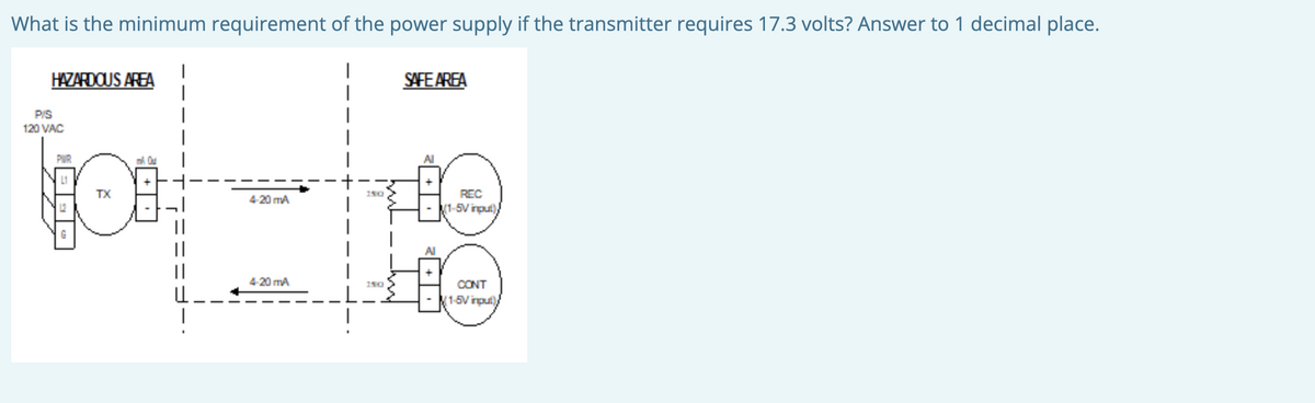 What is the minimum requirement of the power supply if the transmitter requires 17.3 volts? Answer to 1 decimal place.
HAZARDOUS AREA
|
|
SAFE AREA
PIS
120 VAC
PUR
L1
TX
250
REC
4-20 mA
1-5V input)
4 20 mA
CONT
1-5V input)
