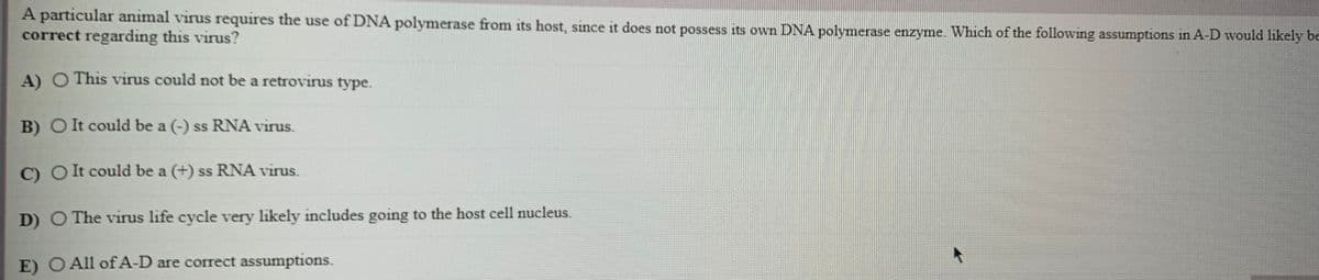 A particular animal virus requires the use of DNA polymerase from its host, since it does not possess its own DNA polymerase enzyme. Which of the following assumptions in A-D would likely be
correct regarding this virus?
A) O This virus could not be a retrovirus type.
B) OIt could be a (-) ss RNA virus.
C) O It could be a (+) ss RNA virus.
D) O The vVirus life cycle very likely includes going to the host cell nucleus.
E) O All ofA-D are correct assumptions.
