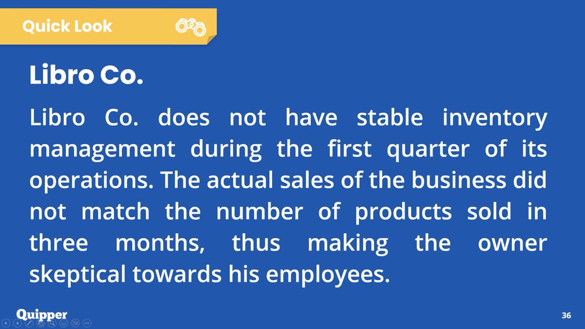 Quick Look
Libro Co.
Libro Co. does not have stable inventory
management during the first quarter of its
operations. The actual sales of the business did
not match the number of products sold in
three months, thus making the owner
skeptical towards his employees.
Quipper
36