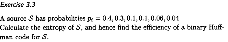 Exercise 3.3
A source S has probabilities p; = 0.4, 0.3, 0.1, 0.1, 0.06, 0.04
Calculate the entropy of S, and hence find the efficiency of a binary Huff-
man code for S.