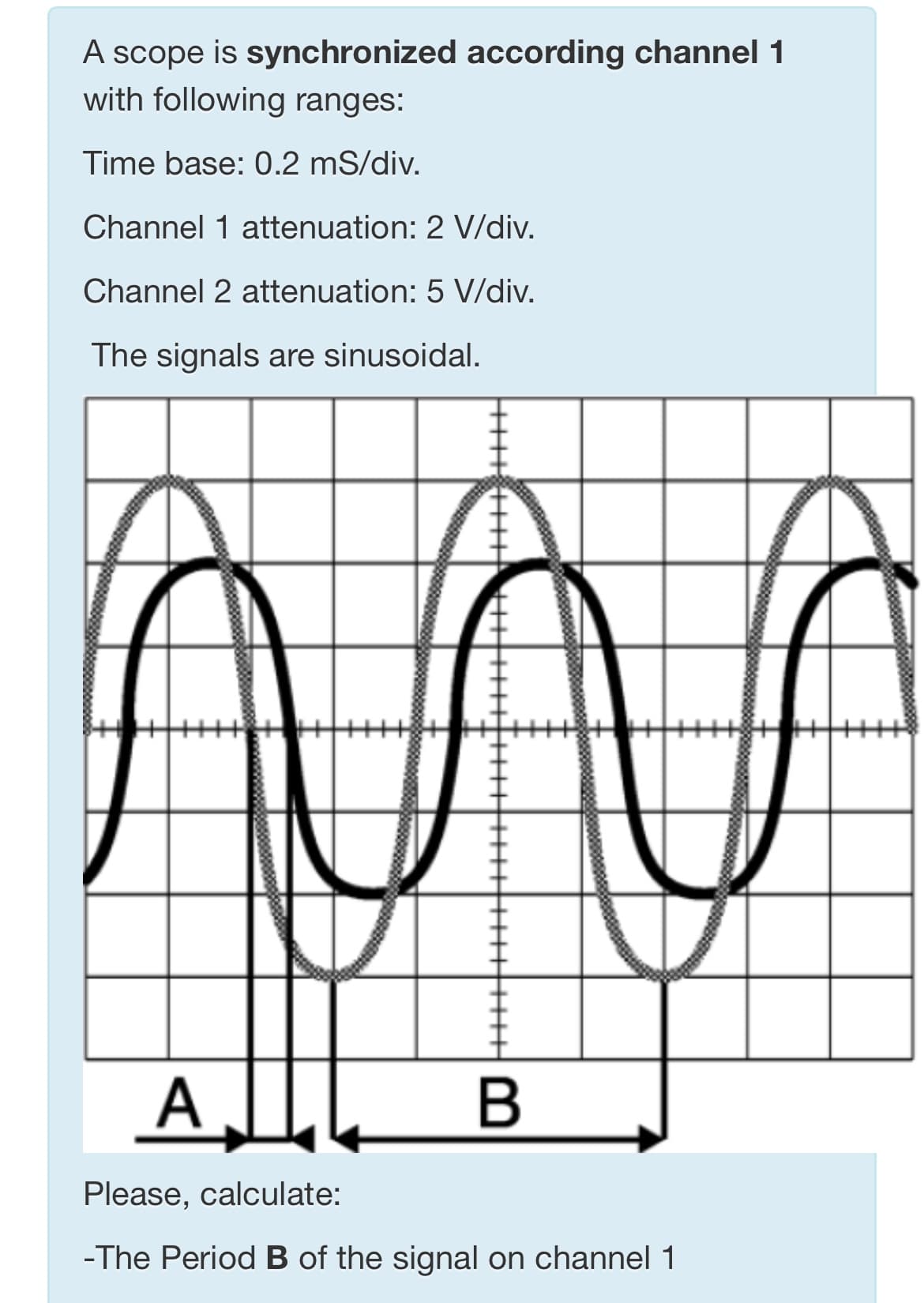 A scope is synchronized according channel 1
with following ranges:
Time base: 0.2 mS/div.
Channel 1 attenuation: 2 V/div.
Channel 2 attenuation: 5 V/div.
The signals are sinusoidal.
A
В
Please, calculate:
-The Period B of the signal on channel 1
