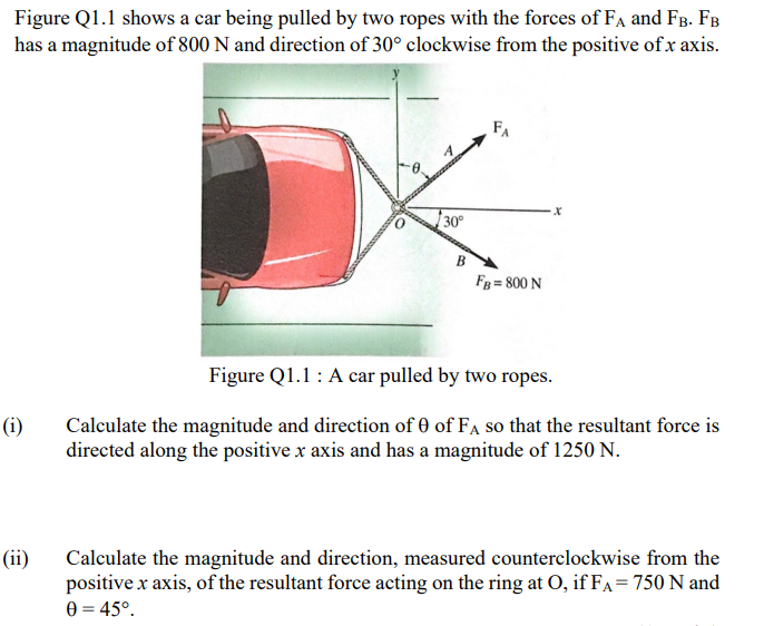 Figure Q1.1 shows a car being pulled by two ropes with the forces of FA and FB. FB
has a magnitude of 800 N and direction of 30° clockwise from the positive of x axis.
FA
30°
FB = 800 N
Figure Q1.1: A car pulled by two ropes.
Calculate the magnitude and direction of 0 of FA so that the resultant force is
directed along the positive x axis and has a magnitude of 1250 N.
(i)
(ii)
Calculate the magnitude and direction, measured counterclockwise from the
positive x axis, of the resultant force acting on the ring at O, if FA= 750 N and
0 = 45°.
