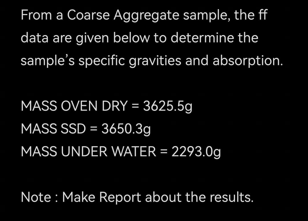 From a Coarse Aggregate sample, the ff
data are given below to determine the
sample's specific gravities and absorption.
MASS OVEN DRY = 3625.5g
MASS SSD = 3650.3g
MASS UNDER WATER = 2293.0g
Note : Make Report about the results.
