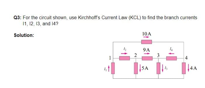 Q3: For the circuit shown, use Kirchhoff's Current Law (KCL) to find the branch currents
11, 12, 13, and 14?
Solution:
10A
9A
3
1
4
5A
|4A
