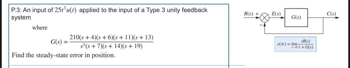 P.3: An input of 25t³u(t) applied to the input of a Type 3 unity feedback
system
where
210(s+4)(s+6)(s+11)(s +13)
$³ (s+7)(s+ 14)(s +19)
G(s) =
Find the steady-state error in position.
R(s) +
E(s)
G(s)
SR(s)
e(co) = lim-
01+G(s)
C(s)