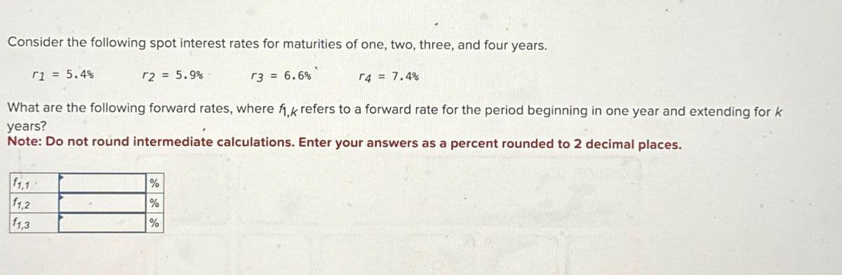 Consider the following spot interest rates for maturities of one, two, three, and four years.
r1 = 5.4%
r2 = 5.9%
r3 = 6.6%
r4 = 7.4%
What are the following forward rates, where k refers to a forward rate for the period beginning in one year and extending for k
years?
Note: Do not round intermediate calculations. Enter your answers as a percent rounded to 2 decimal places.
f1,1
%
%
f1.2
f1.3
%