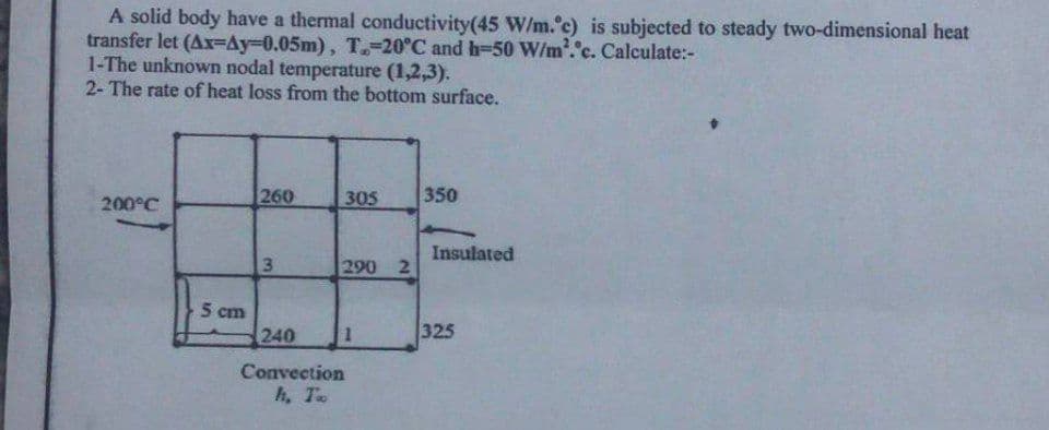 A solid body have a thermal conductivity(45 W/m.'c) is subjected to steady two-dimensional heat
transfer let (Ax-DAY3D0.05m), T-20°C and h-50 W/m.'c. Calculate:-
1-The unknown nodal temperature (1,2,3).
2- The rate of heat loss from the bottom surface.
260
305
350
200°C
Insulated
3.
290
5 cm
240
325
Convection
h, T

